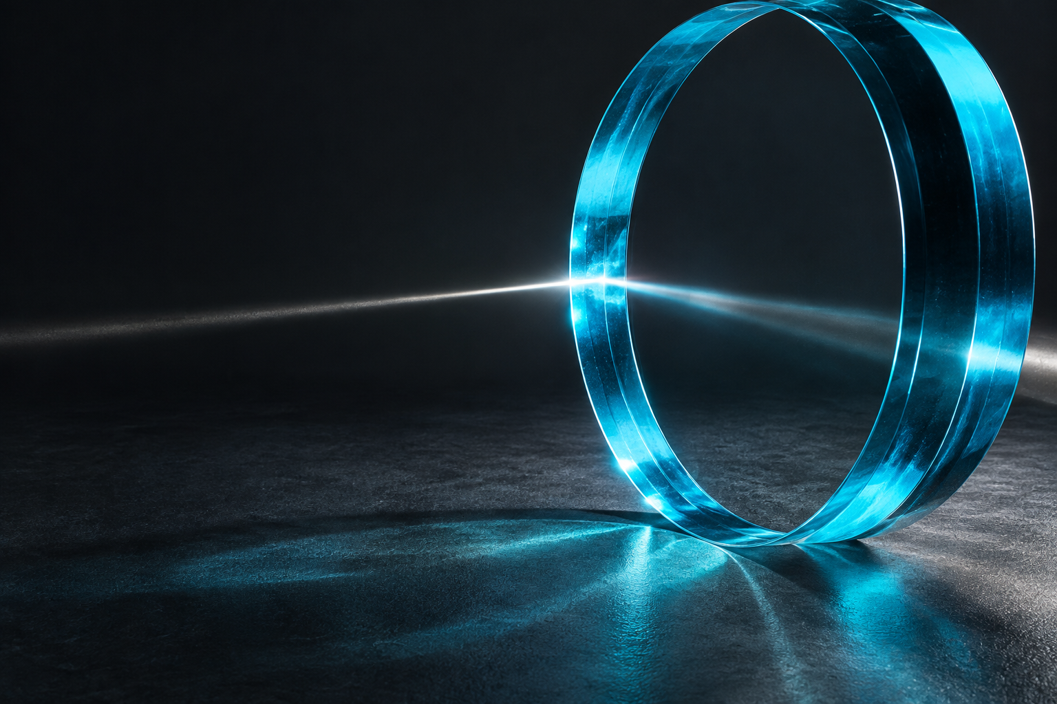 Anillo de cristal cian atravesado por un haz de luz